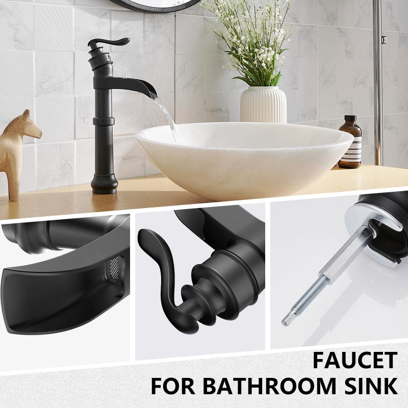 BATHLAVISH Vessel Sink Faucet, Matte Black Bathroom Waterfall Sink Faucet Tall Bathroom Single Handle 1 Hole Farmhouse with Pop Up Without Overflow Drain Lavatory - Image 4